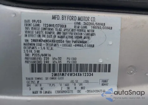 2004 Mercury Grand Marquis Gs из США, поврежденный, VIN 2MEFM74W34X612334